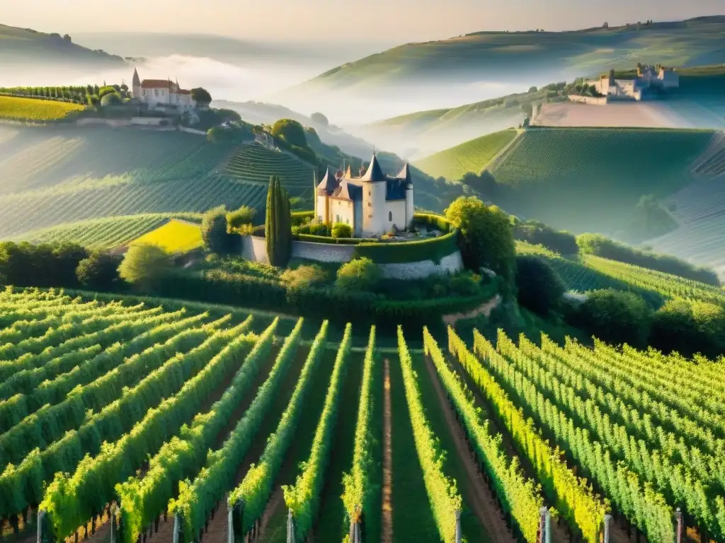 Un paisaje impresionante de viñedos franceses tradicionales bañados por el sol, con un chateau histórico al fondo