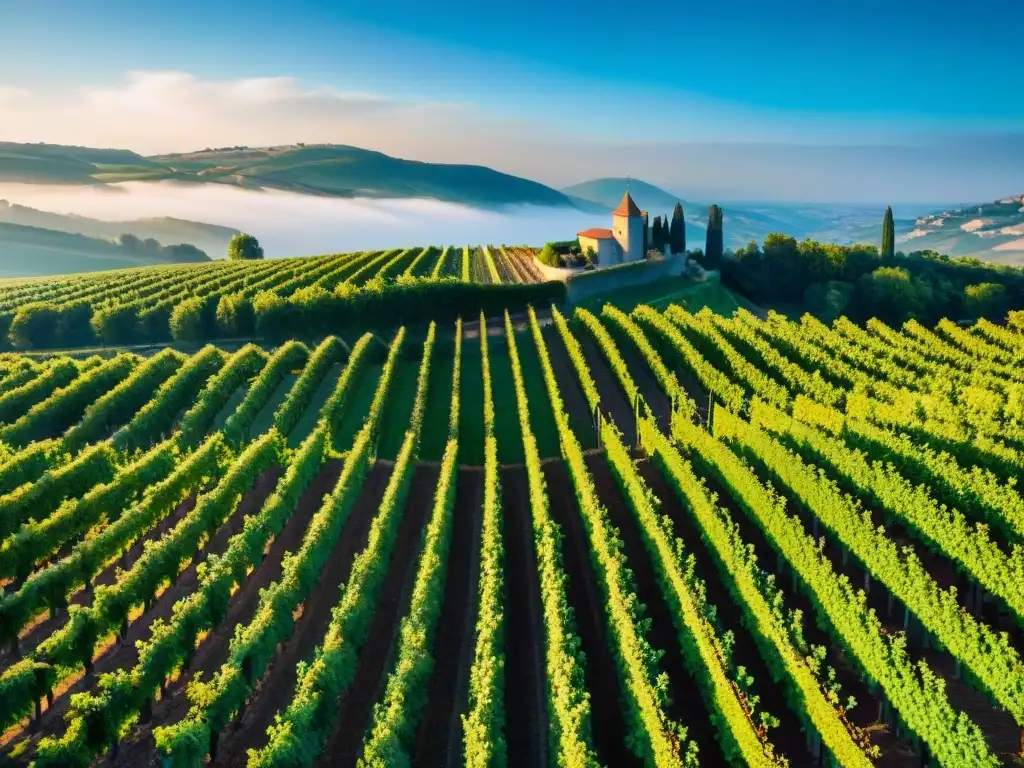 Un paisaje impresionante de viñedos interminables en Borgoña, Francia, bañados por el sol, con un castillo histórico al fondo