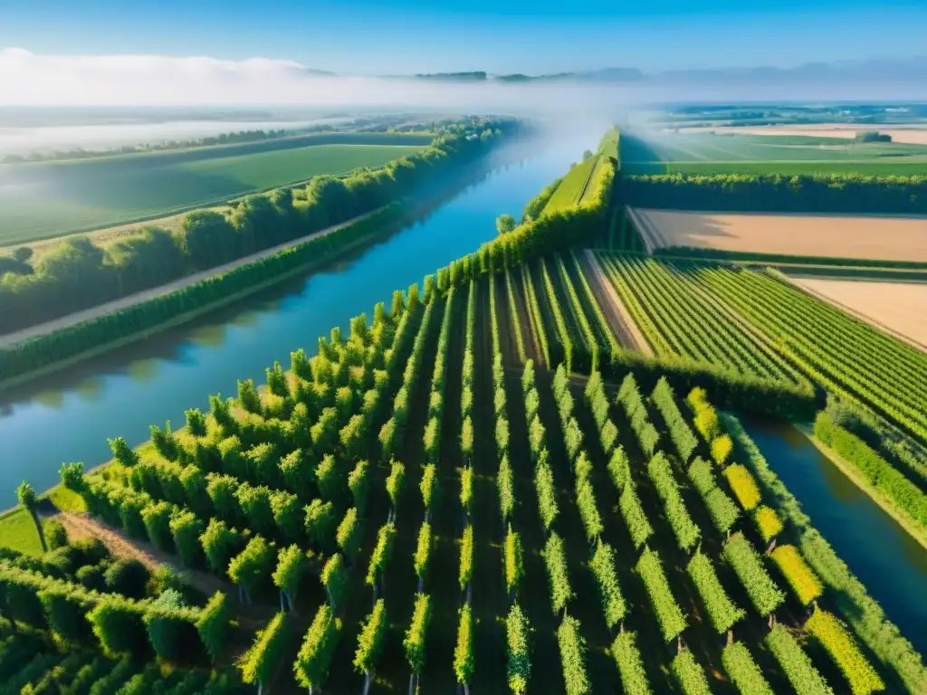 Un paisaje impresionante de los viñedos a lo largo del río Loira en Francia, mostrando filas de vides verdes bajo un cielo azul