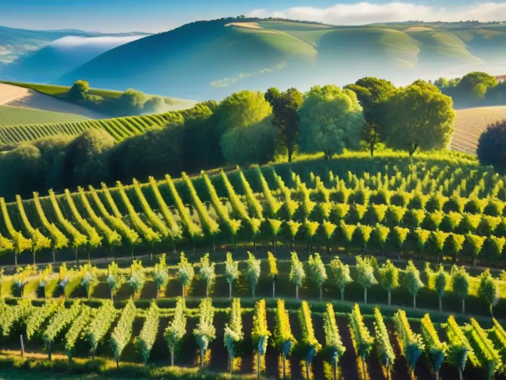 Un paisaje impresionante de viñedos orgánicos sostenibles certificados en Francia, con trabajadores cuidando las plantas bajo el sol dorado