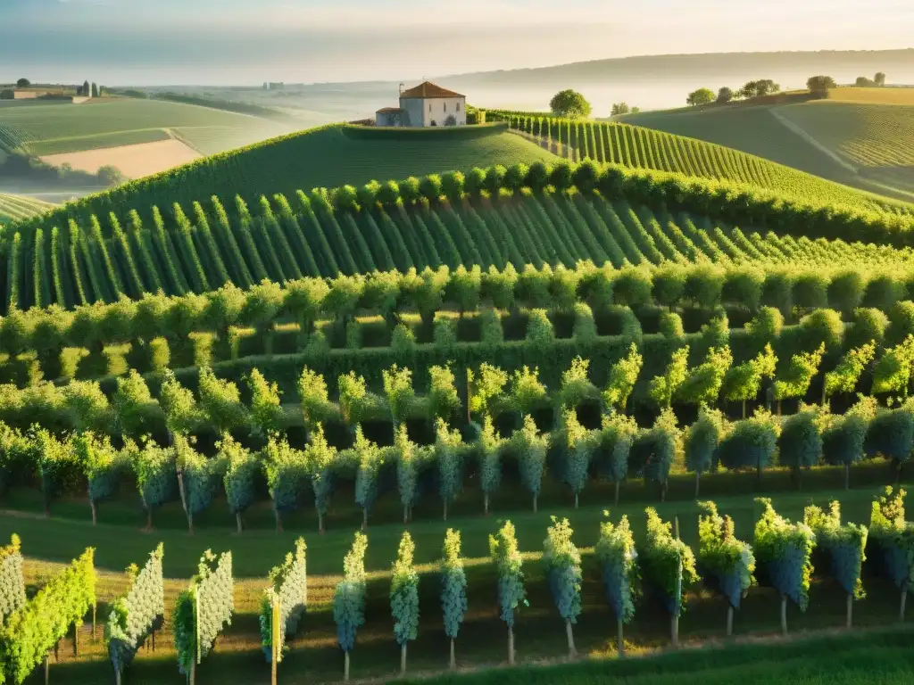 Un paisaje impresionante de los viñedos pintorescos en la región de Cognac en Francia, bajo la luz dorada del sol