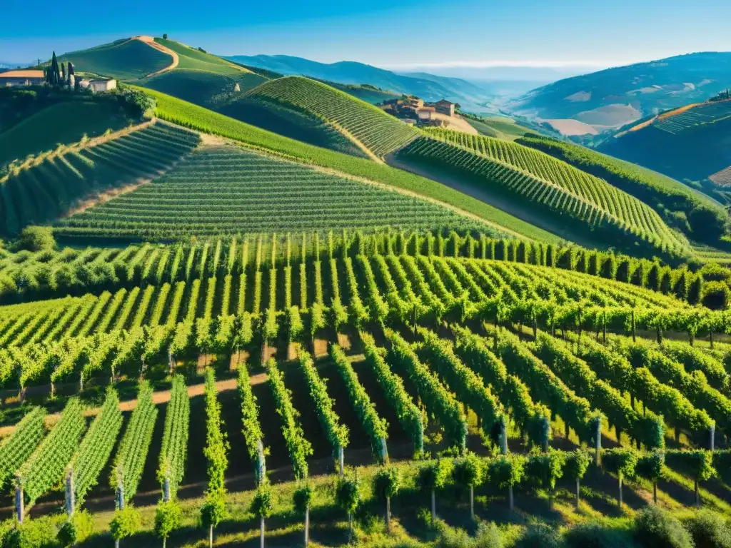 Un paisaje impresionante de los viñedos verdes de Borgoña bajo un cielo azul claro, destacando la belleza de la región vinícola