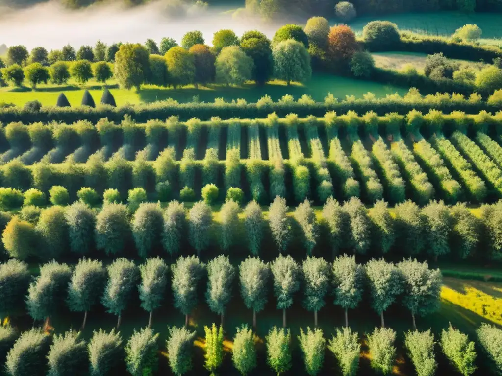 Un paisaje mágico de un extenso huerto de manzanos en Bretaña, con árboles cargados de frutas bajo el cálido sol