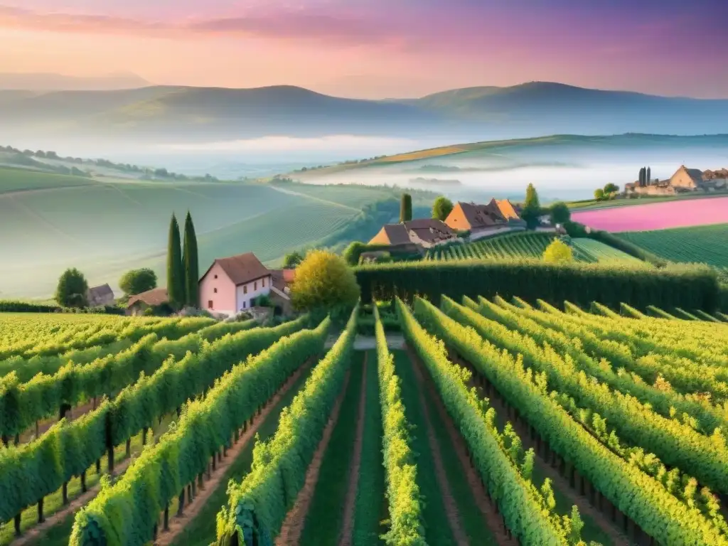 Paisaje mágico de viñedos en Alsacia al atardecer, con la Ruta del Vino de Alsacia en el horizonte