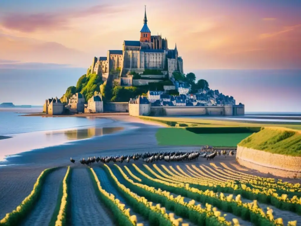 Paisaje de Normandía al atardecer con el Mont Saint-Michel al fondo, barco pesquero y redes, evocando la gastronomía de la región