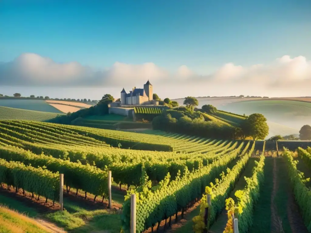 Un paisaje panorámico de viñedos exuberantes en las colinas de Bretaña, Francia