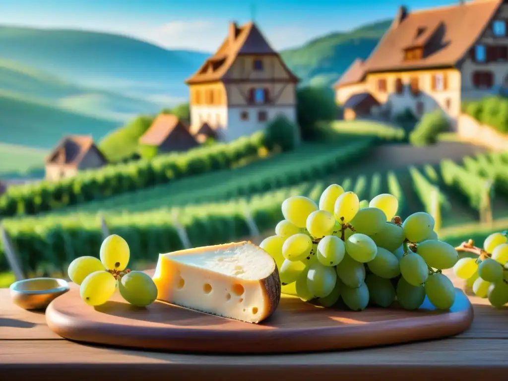 Un paisaje pintoresco de la región de Alsacia en Francia, con viñedos verdes y un delicioso queso Munster