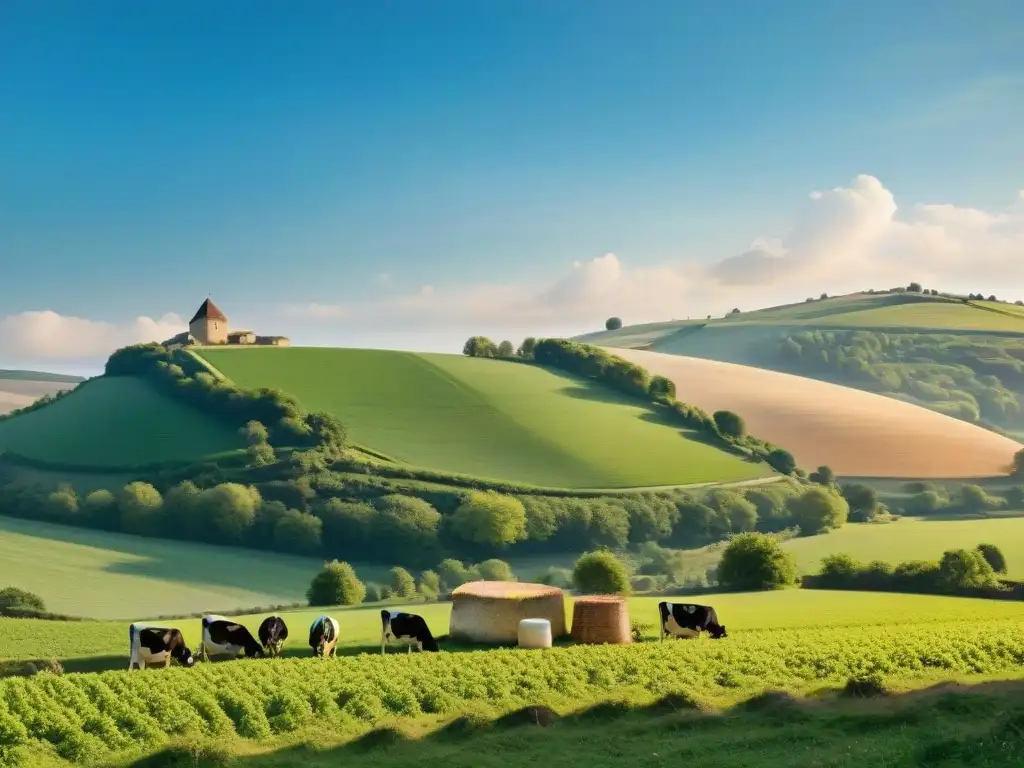 Un paisaje pintoresco de la campiña francesa, con vacas pastando en un prado verde y un quesero cuidando de un queso