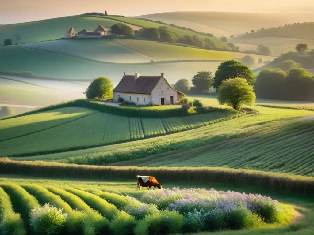 Un paisaje pintoresco de colinas verdes en el campo francés, salpicado de encantadoras granjas lácteas donde las vacas pacen pacíficamente