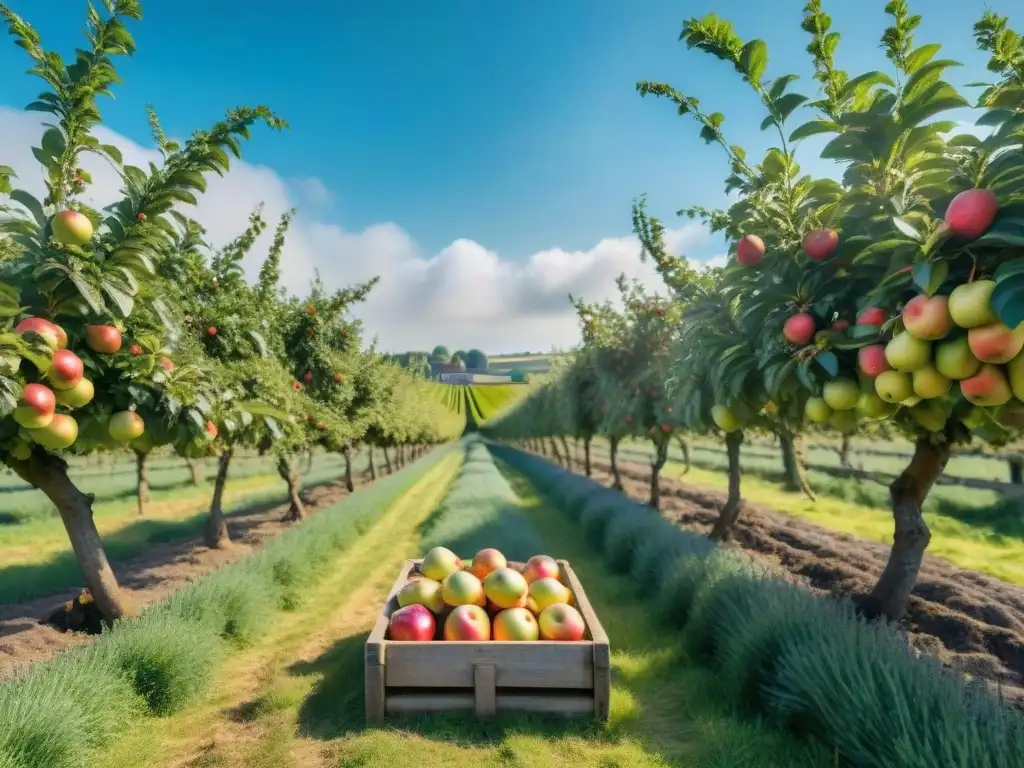 Paisaje pintoresco de Normandía con huertos de manzanos y prensa de sidra, evocando la historia y sabor de la sidra francesa