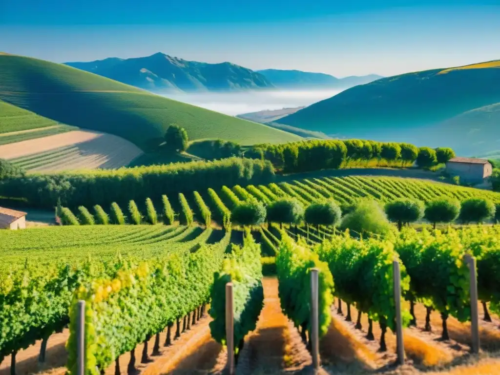 Un paisaje pintoresco de viñedos en el Valle del Ródano, donde los viñedos verdes se extienden bajo un cielo azul