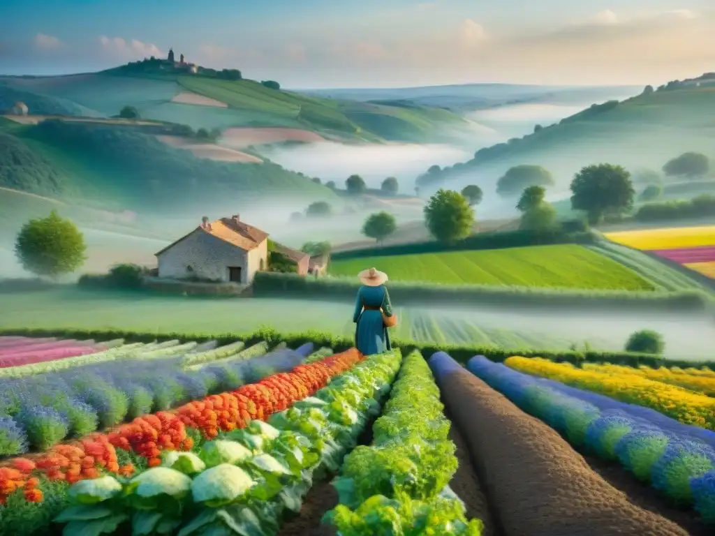 Paisaje rural francés con prácticas agrícolas sostenibles y biodiversidad