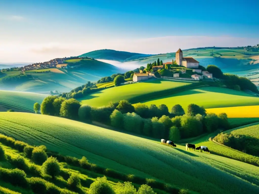 Paisaje rural francés con vacas pastando, pueblos tradicionales y cielo azul