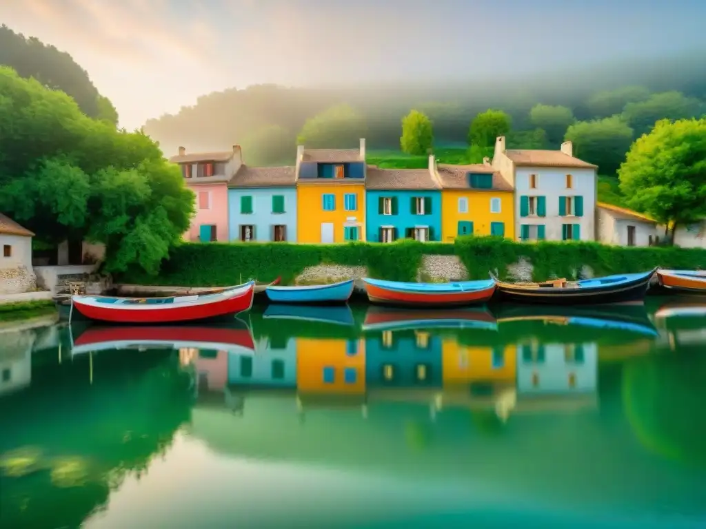 Paisaje sereno en Alsacia con barcos de pesca y edificios coloridos reflejados en el río, influencia pesca cocina Alsacia