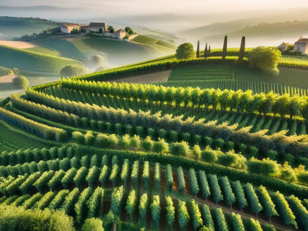 Paisaje sereno y atemporal de viñedos en Francia al atardecer