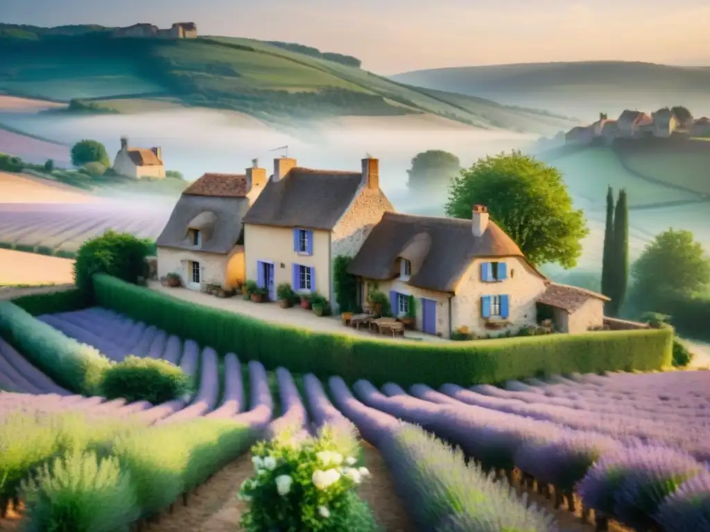 Paisaje sereno de la campiña francesa al amanecer con casas de piedra, campos de lavanda y panadería rústica