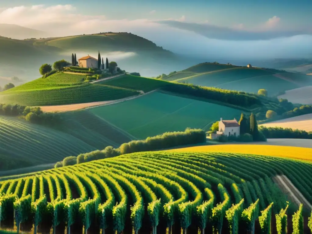 Paisaje sereno de la campiña francesa en Suroeste y Provenza, con viñedos verdes, campos de trigo dorado y granjas de piedra