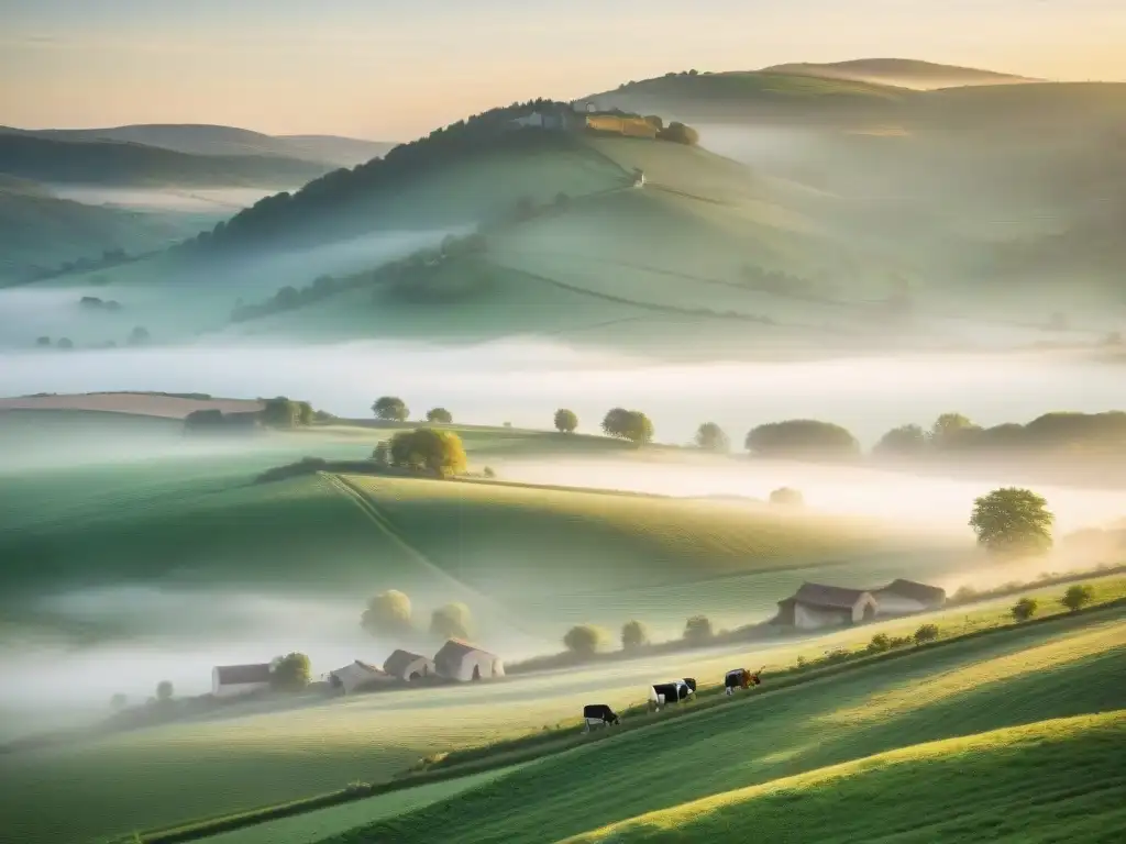 Paisaje sereno al amanecer en campo francés con vacas pastando, granjas de piedra y fromagerie, evocando la tradición de quesos franceses