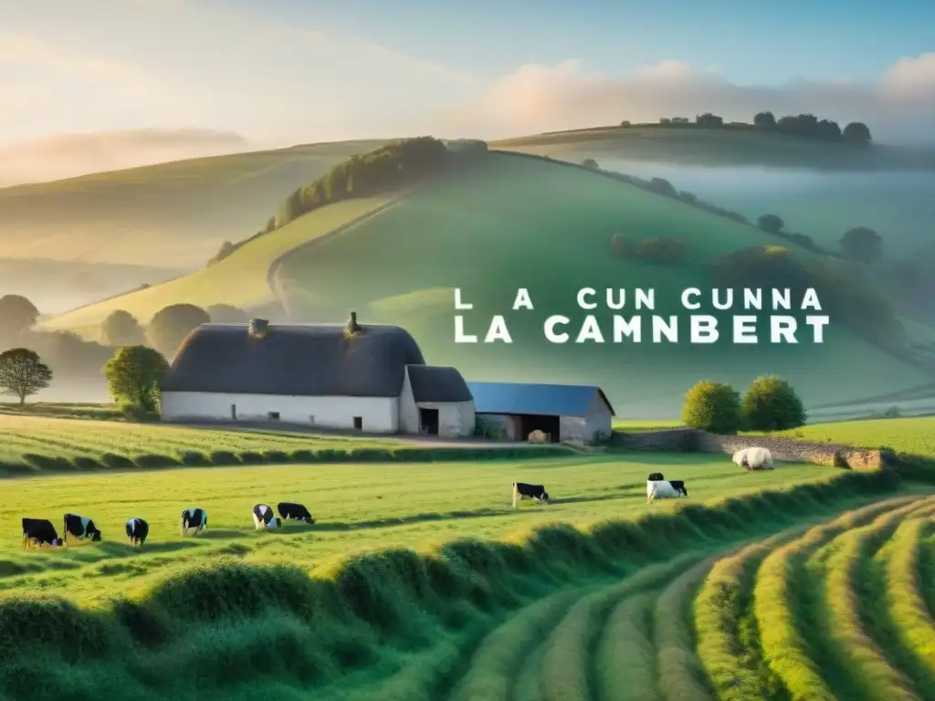 Paisaje sereno al amanecer en una granja láctea de Normandía con vacas pastando y un letrero de 'Cuna del Camembert'