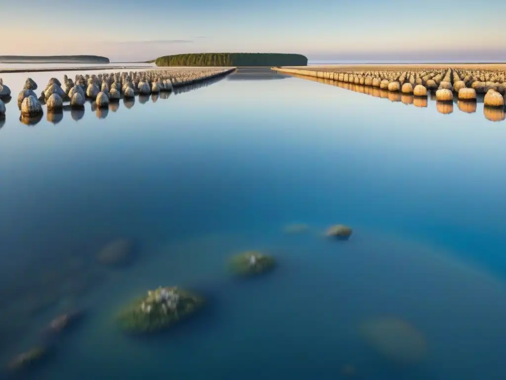 Paisaje sereno en MarennesOléron, Francia, con redes de ostras y gaviotas