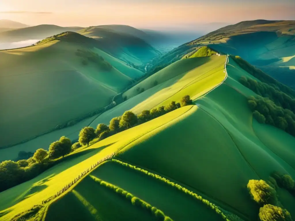 Un paisaje sereno en Cantal, Francia, donde vacas pastan bajo montañas ásperas al atardecer