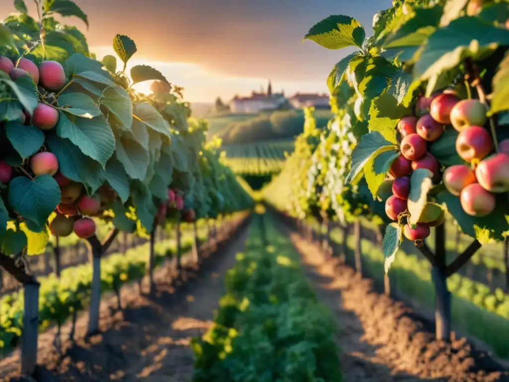 Viñedo francés al atardecer: tranquilidad y abundancia Paisaje sereno de viñedo y huertos de manzanas en la campiña francesa al atardecer
