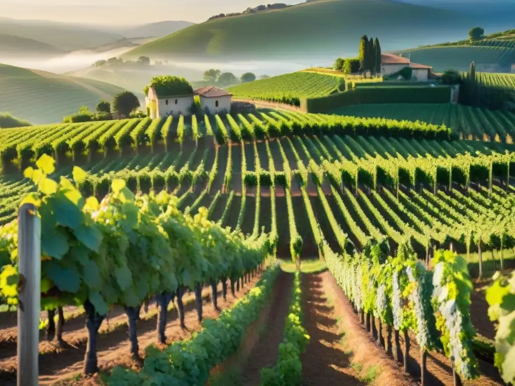 Paisaje sereno de viñedo francés al amanecer con vides orgánicas y trabajadores cuidando las uvas