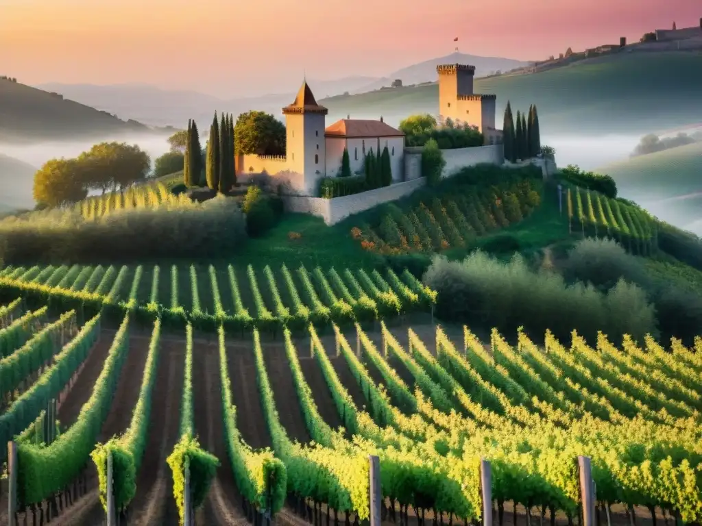 Paisaje sereno de viñedos al atardecer en Borgoña con chateau al fondo