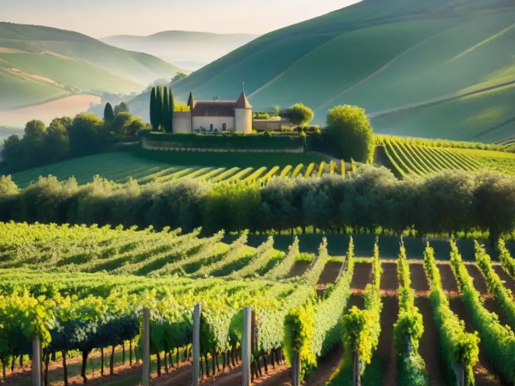 Un paisaje sereno de los viñedos de Borgoña, con filas de viñas verdes bajo el sol, destacando la belleza del itinerario viñedos Borgoña vino