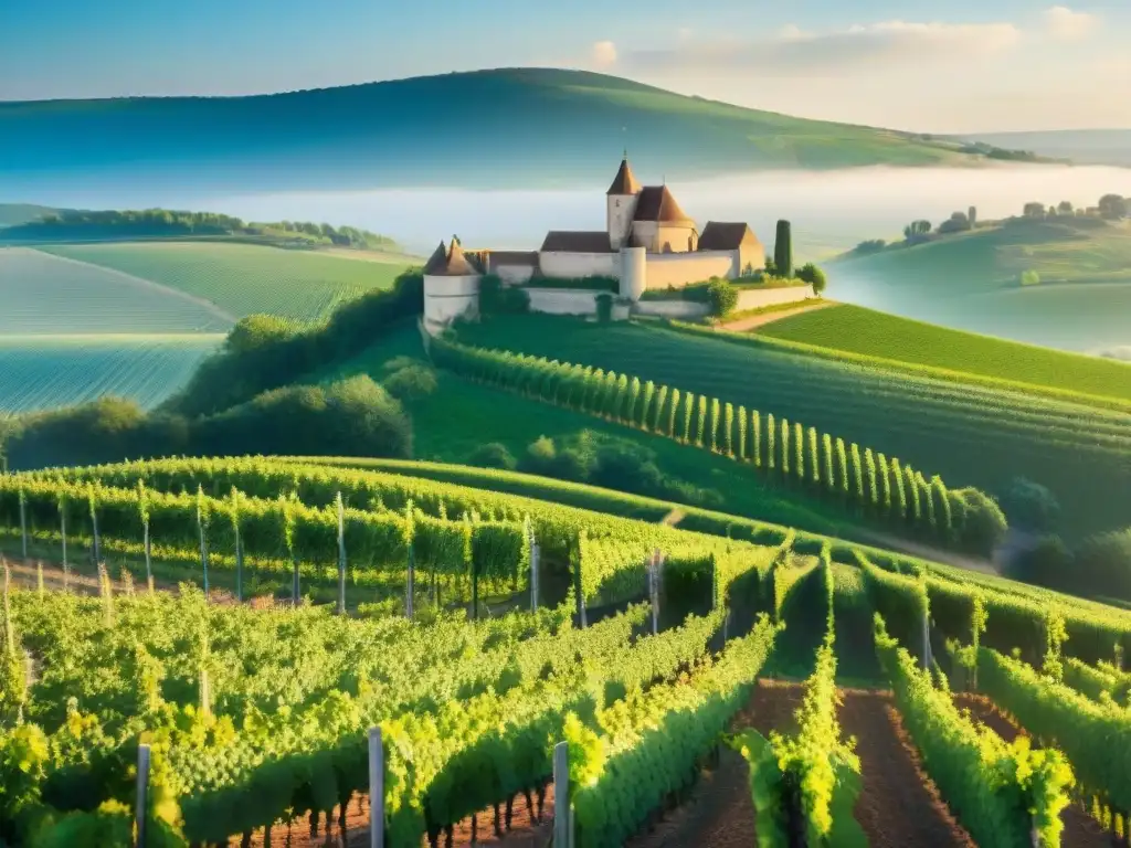 Un paisaje sereno de viñedos en Borgoña, Francia, con un cartel señalando las bodegas icónicas