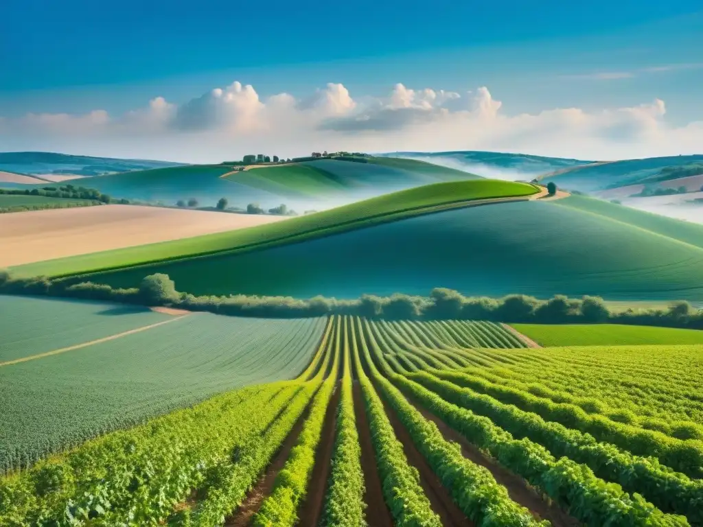 Paisaje agrícola sostenible en Francia: campo verde con agricultores practicando técnicas ecológicas