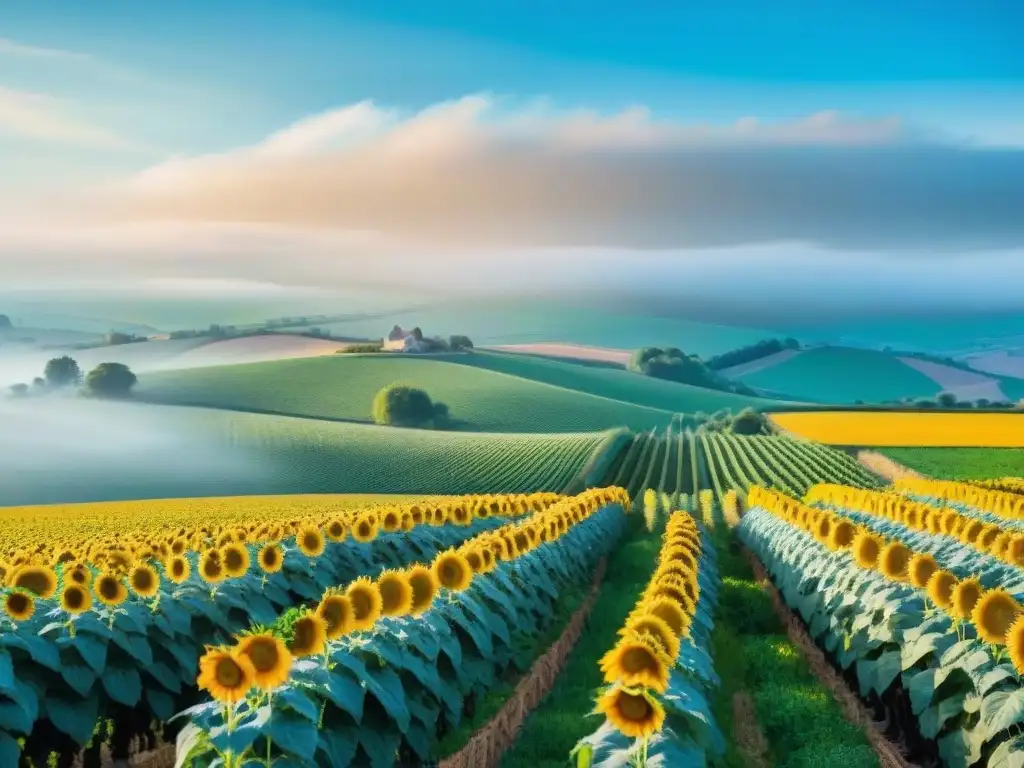 Paisaje agrícola sostenible en Francia: colinas verdes, viñedos, girasoles, huertos frutales y agricultores locales en armonía con la biodiversidad