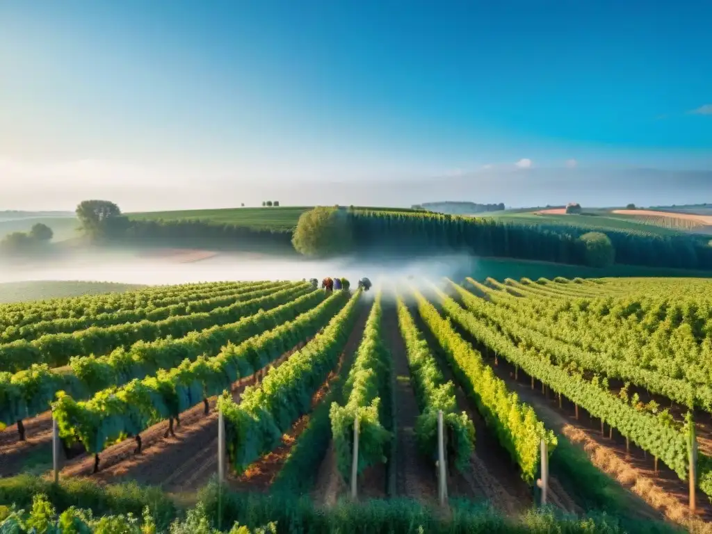 Paisaje sostenible de viñedos en Francia: agricultores en campo tradicional bajo cielo azul