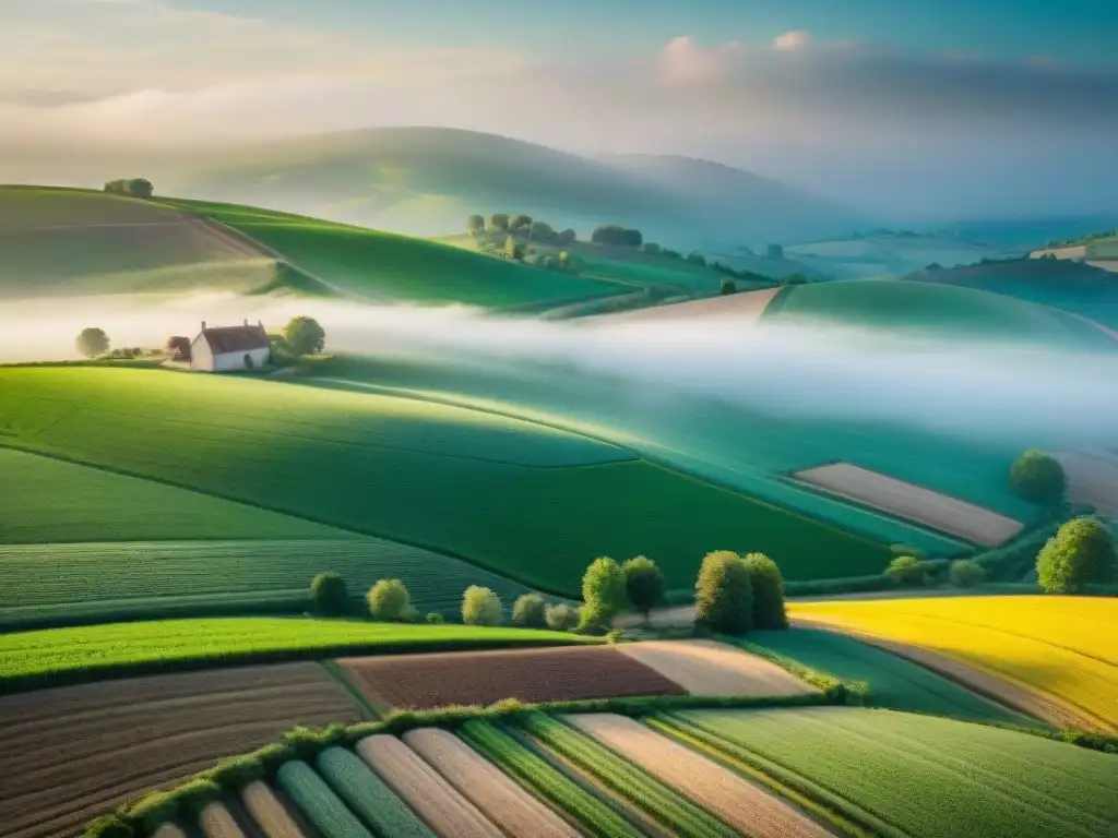 Paisaje agrícola sostenible en Francia: diversidad y armonía Paisaje agrícola sostenible en Francia con métodos agrícolas sostenibles en acción