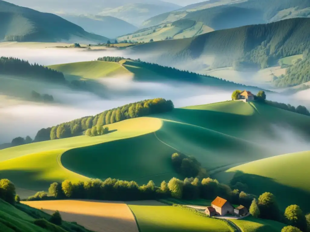 Paisaje tradicional de granja de queso Munster en los verdes valles de los Montes Vosgos, evocando la rica historia gastronómica de la región