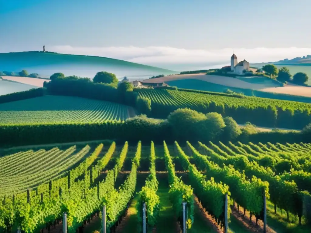 Paisaje tranquilo en Poitou-Charentes, Francia, con viñedos y granjas tradicionales, bajo un cielo azul