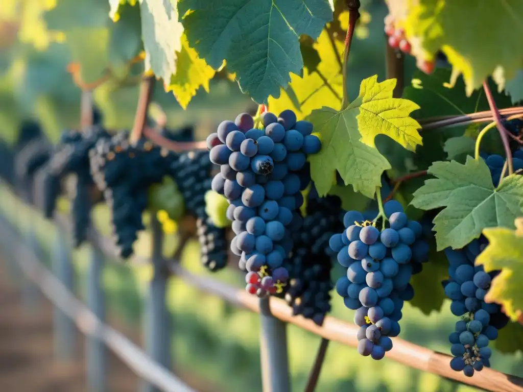 Un paisaje vibrante de viñedos en la campiña francesa, destacando la sostenibilidad en la industria vinícola francesa