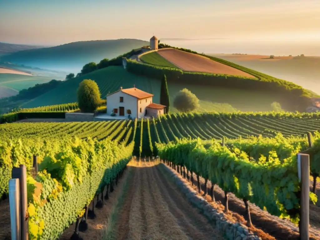 Paisaje de viñedo francés al atardecer con técnicas agrícolas sostenibles, destacando la belleza de la gastronomía francesa