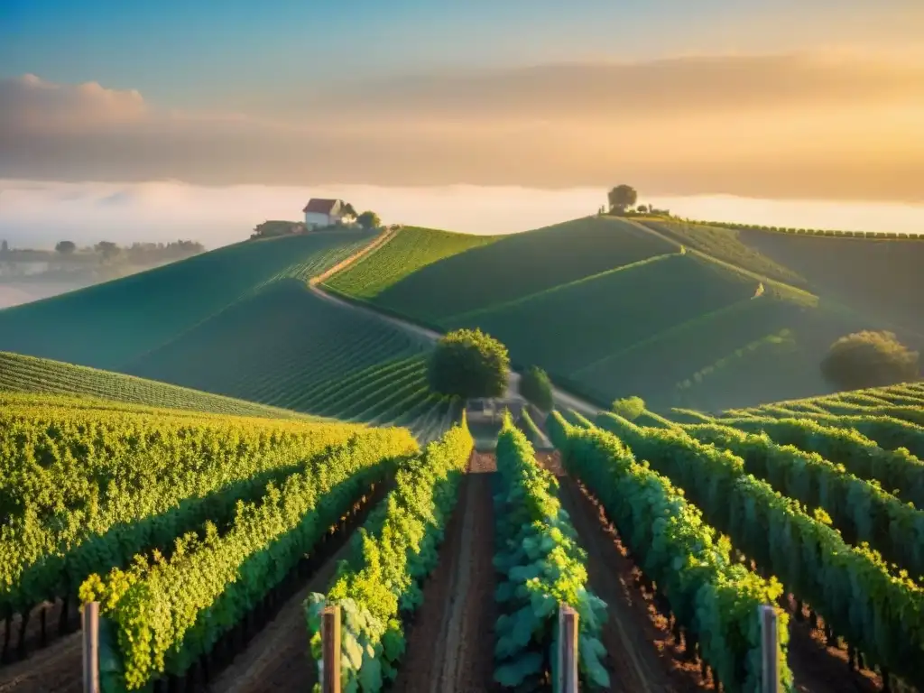 Paisaje de viñedo francés al atardecer, fusionando tradición y tecnología en sostenibilidad agrícola en Francia