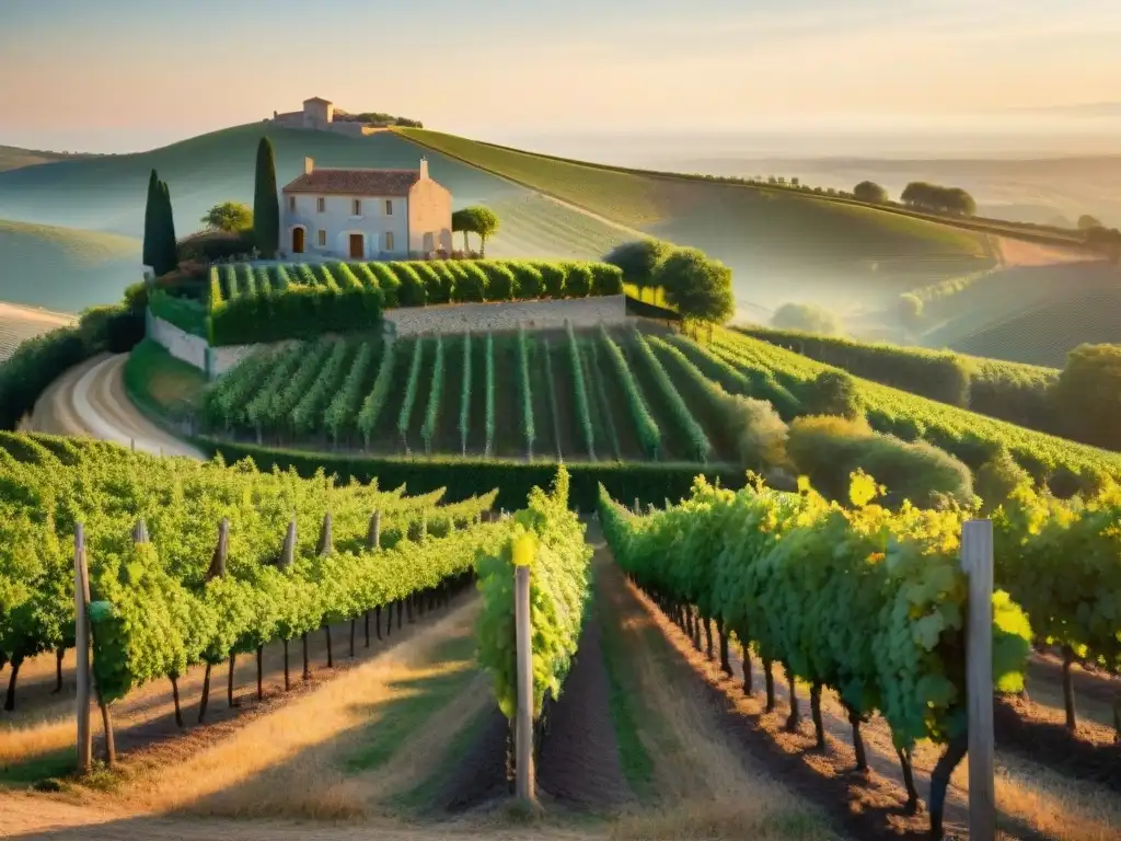 Paisaje de viñedo francés al atardecer, con vides cargadas de uvas maduras listas para la cosecha