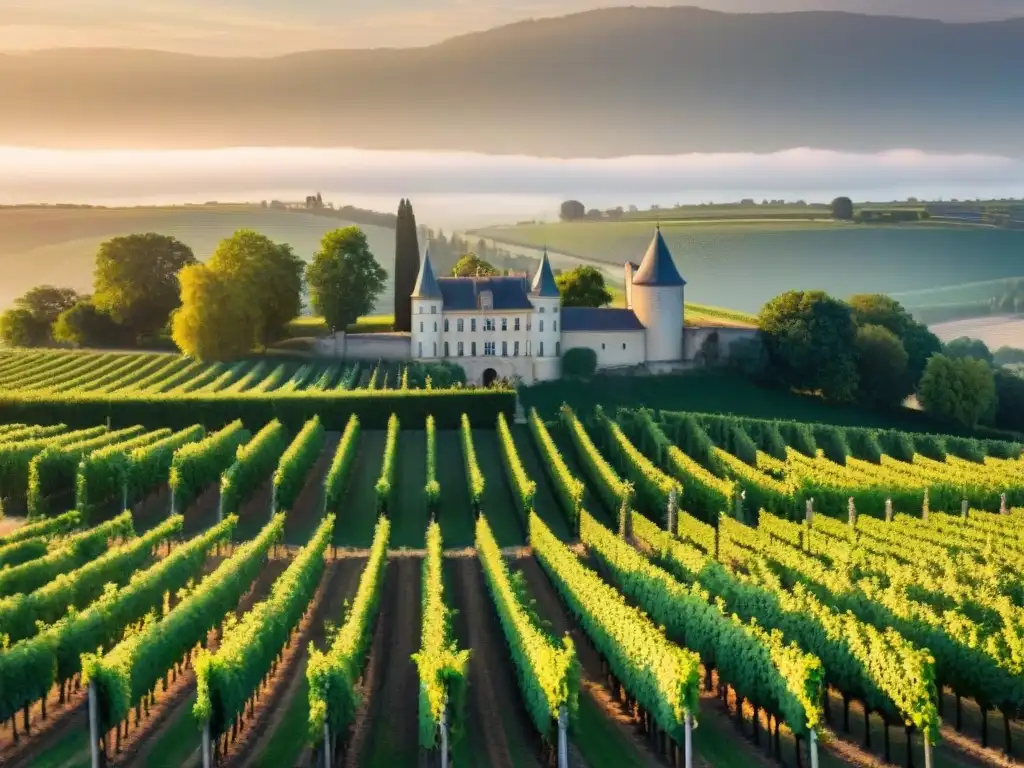 Paisaje de viñedos en Bordeaux, Francia, al atardecer, mostrando la belleza de la región vinícola