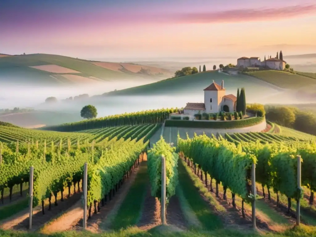 Un paisaje de viñedos al atardecer en Francia, con un sommelier y una copa de vino tinto