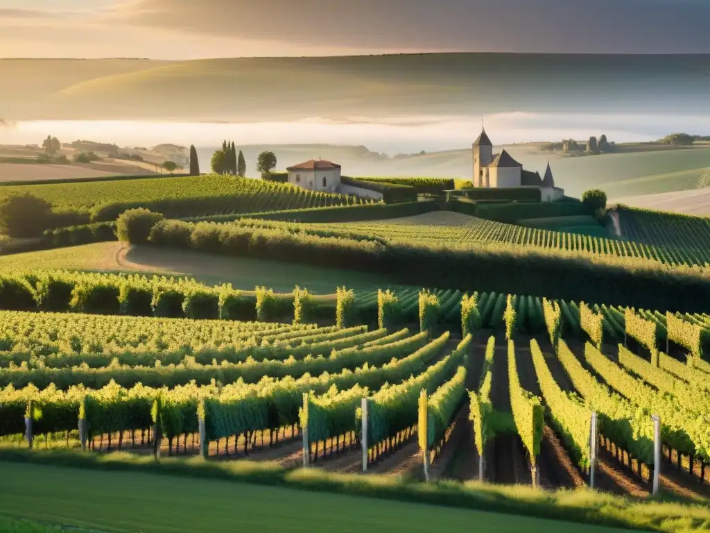 Paisaje de los viñedos de Bordeaux al atardecer, con filas de vides verdes