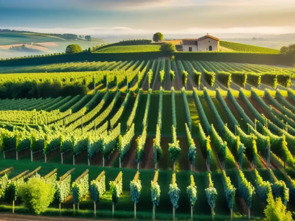 Un paisaje de viñedos en Champagne, con filas de vid alineadas, bodegas y castillos en la distancia