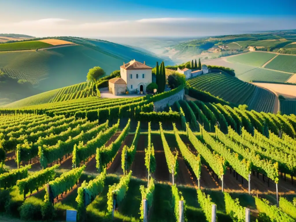 Un paisaje de viñedos orgánicos en la campiña francesa con hileras de vides verdes y un chateau al fondo