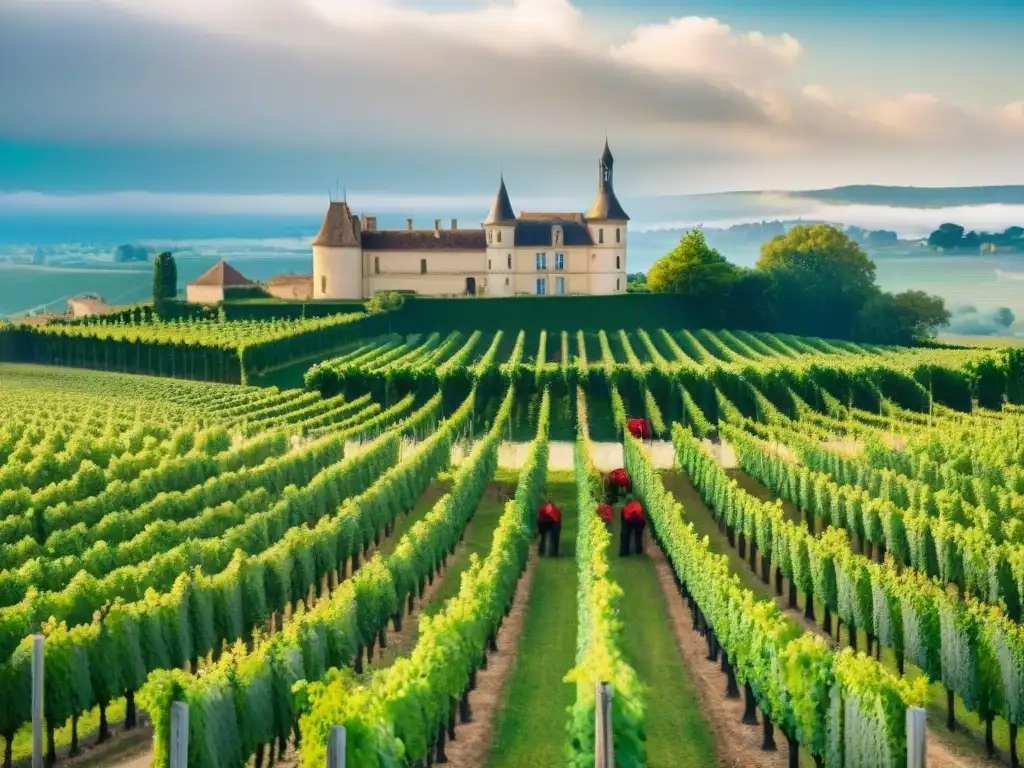 Viñedos de Bordeaux: belleza y tradición vinícola Vivid paisaje de viñedos en Burdeos, Francia, con trabajadores y un chateau histórico