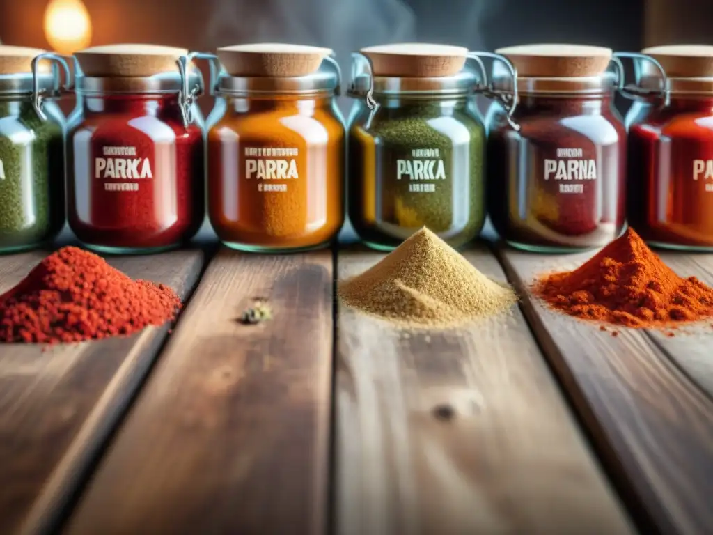 Una paleta de colores de paprika en la gastronomía francesa: matices vibrantes en tarros de cristal sobre mesa rústica