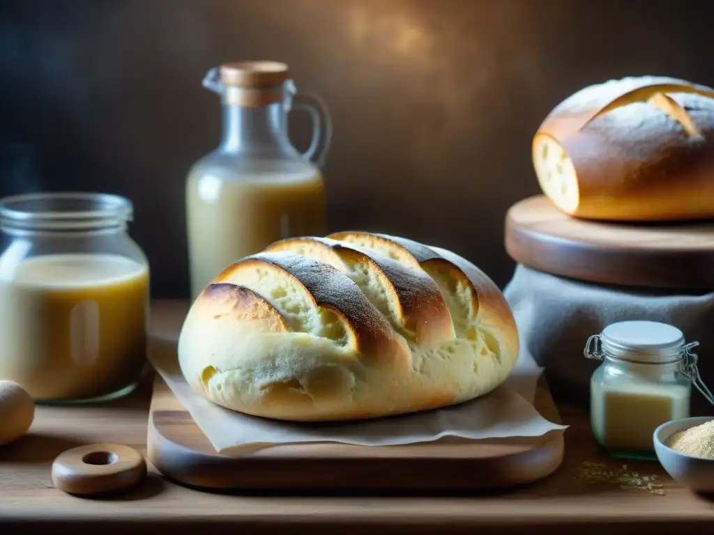 Pan francés fermentado tradicionalmente en mesas de madera rústicas con masa en distintas etapas de fermentación