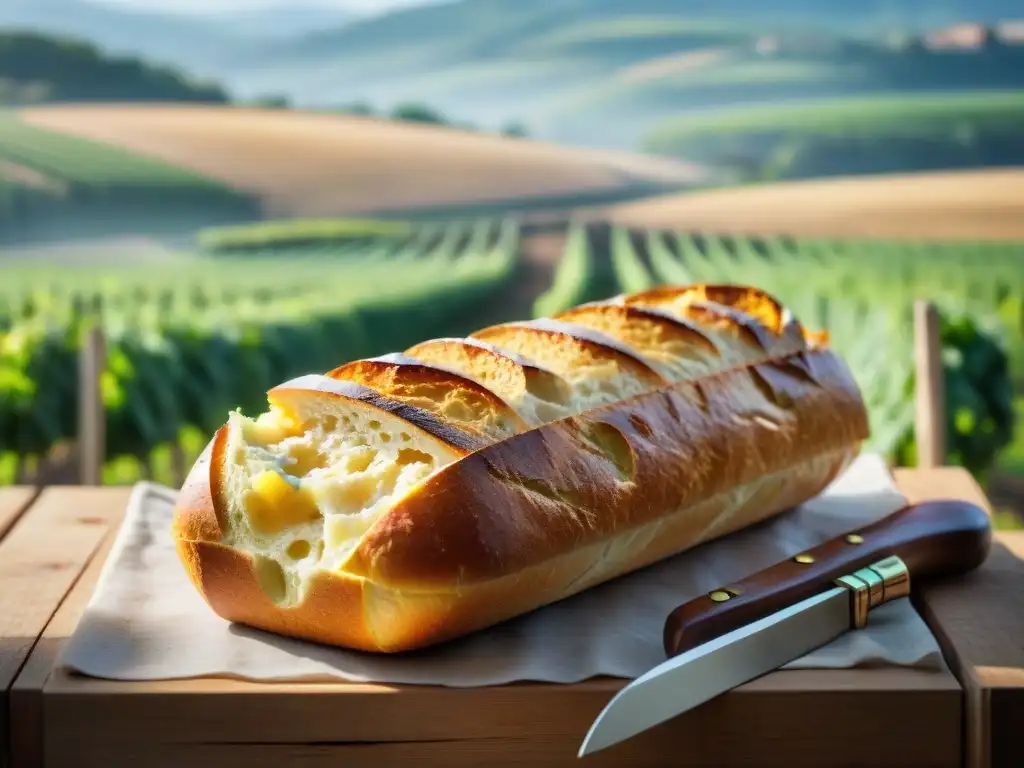 Pan francés tradicional recetas vino: Baguette dorada sobre tabla rústica con luz natural, evocando autenticidad y serenidad