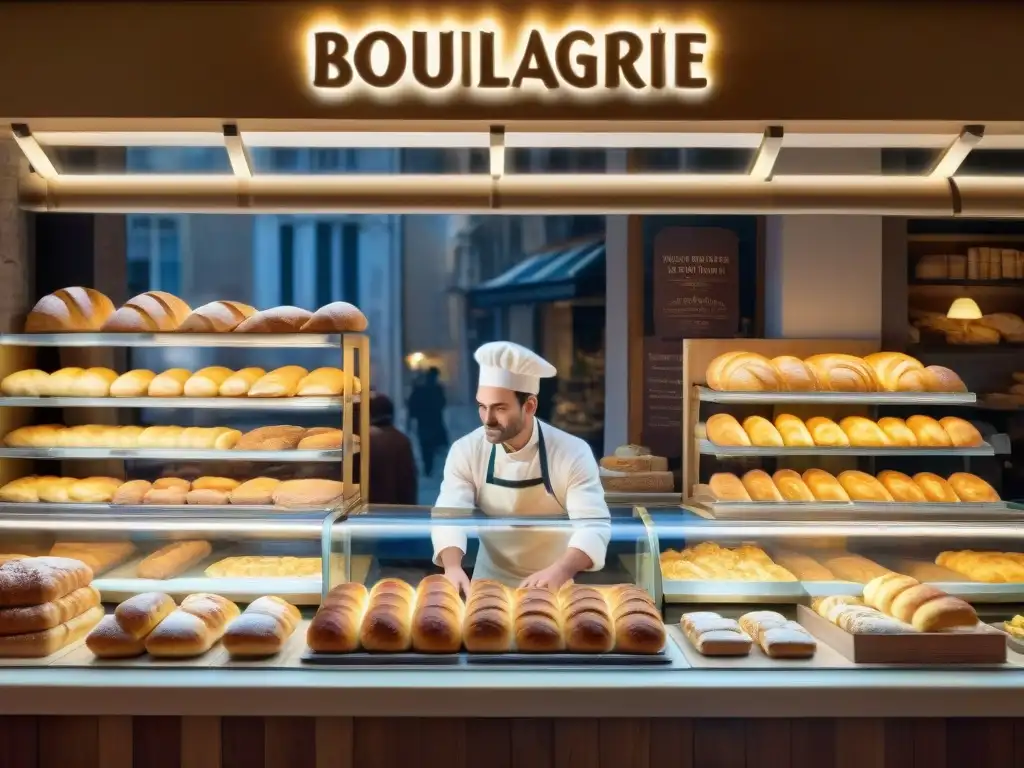 Una panadería francesa bulliciosa al amanecer, con delicias recién horneadas